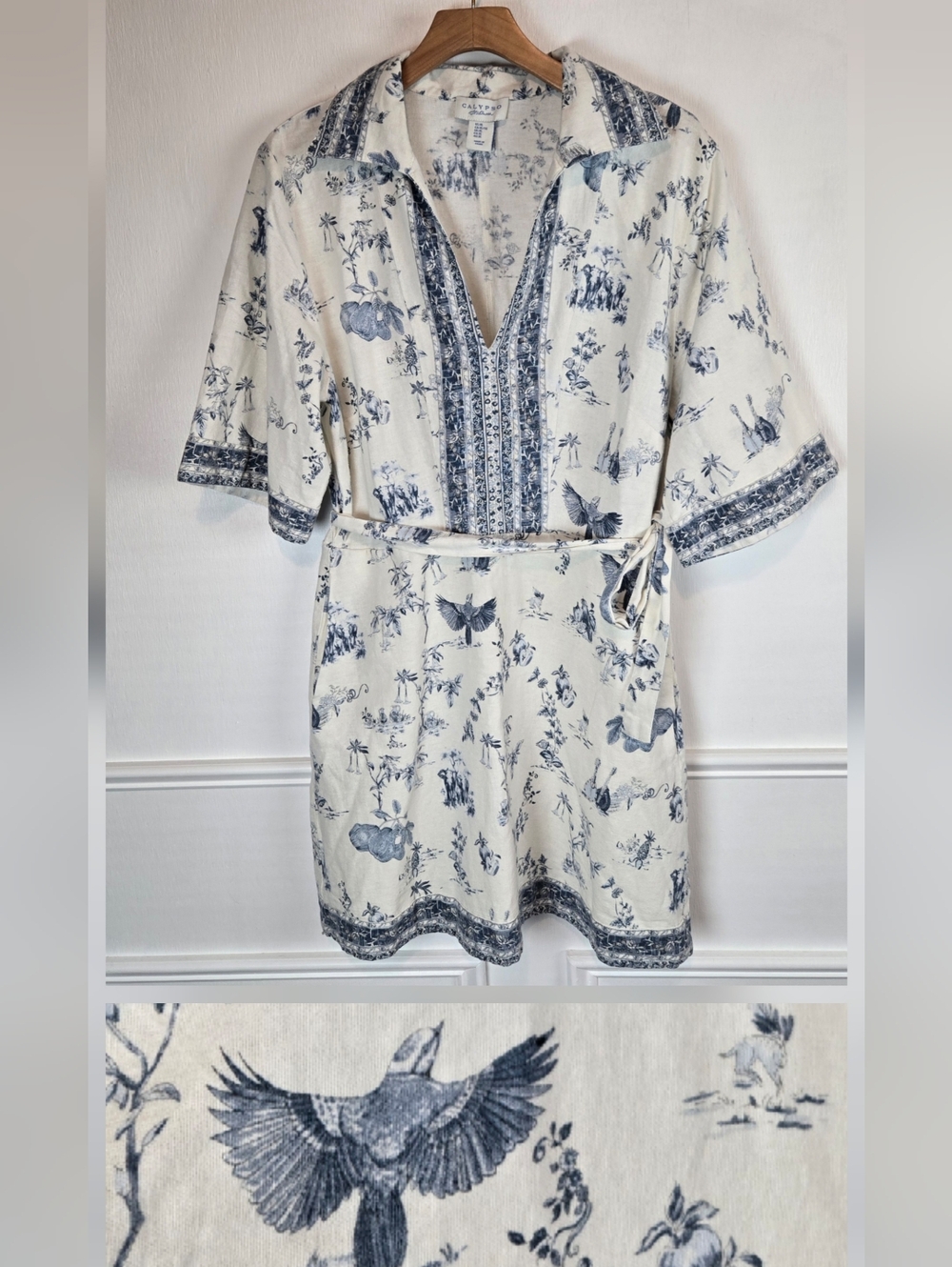 NEW Calypso St Barth Blue Toile De Jouy  Print Tunic Shirt Dress Linen Blend XL